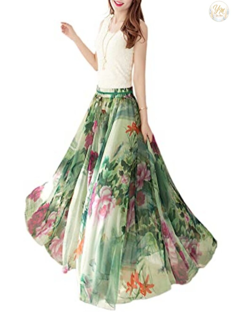 Chiffon Maxi Skirt Full Length Elastic Waist Floral Beach Skirt